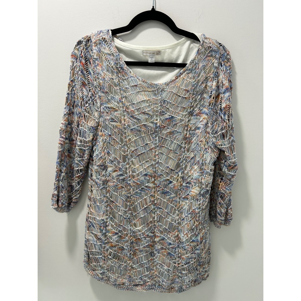 Westport 1962 Womens 1X Multi-Color Open Knit Tunic 3/4 Sleeve Lined Top